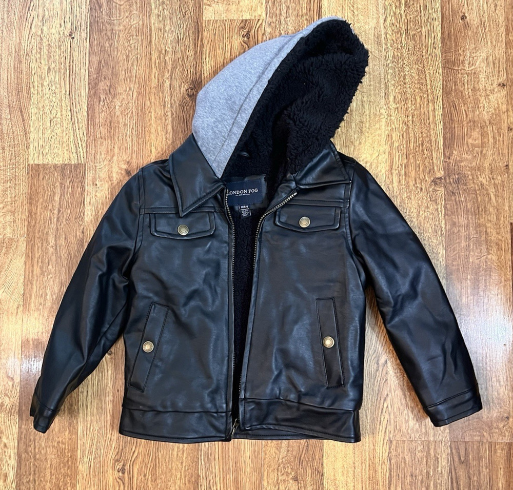 London Fog Faux Leather Bomber Jacket Coat Boys M 5-6 Black Fleece Lined Hood